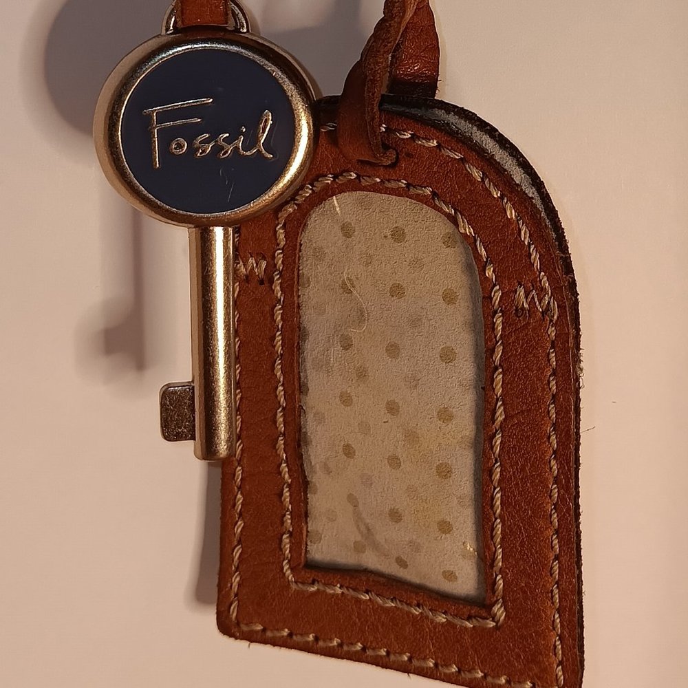 Vintage Fossil 2.5" Long Silver Brown Tag Key Leather Loop Strap Fob